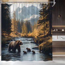 Forest Bear Shower Curtain Rustic Cabin Wildlife Misty Mountains Pine Tree Stream River Rock Natural Landscape Fabric Bathroom Decor Set,70x70 inch