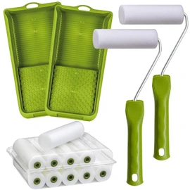 Paint Set 10 x Foam Rollers 11 cm Fine Straight | 2 x Paint Rollers Handles | 2 x Paint Trays | Paint Roller Foam Roller | Paint Roller Push-On Bracket | Paint Tray
