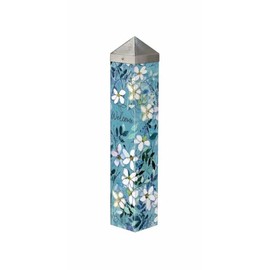 Studio M Art Pole, PVC Weather Resistant Pole with Vinyl Bowl 20 inches Tall Outdoor Decoration for Gardens, Patios, Yards, Landscaping and Birding Accessories, Welcome, Blue, White