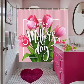 Happy Mothers' Day Shower Curtain for The Bathroom, Pink Flower Shower Curtain Set 72x72 Inches, Waterproof Fabric with Hooks Home Bath Decoration