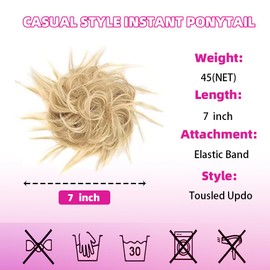Tousled Updo Messy Bun Hair Pieces, Synthetic Wavy Extension Ponytail with Elastic Rubber Band Hairpiece Updo Extensions Ponytail Chignon Hair for Women (Natural Blonde Mix Bleach Blonde)