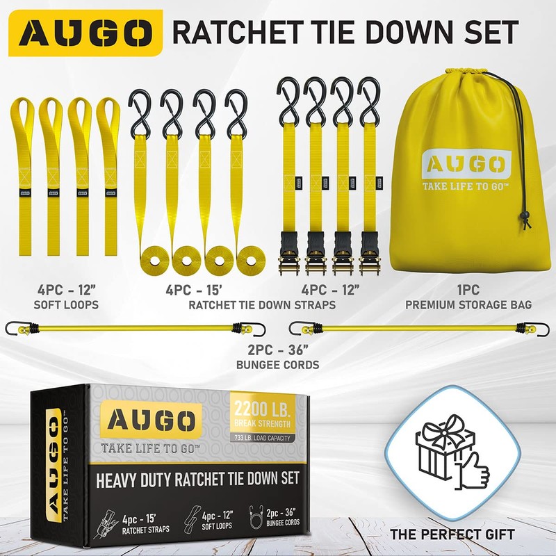 AUGO Ratchet Straps Heavy Duty 4 Pack -15 FT -