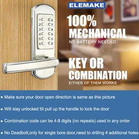 Elemake Left Handed Keyless Door Lock, Mechanical Keypad Door Lock with Handle, Heavy Duty Door Lever Lock Combination Security Digital Code, Stainless Steel 304 (Not Deadbolt)