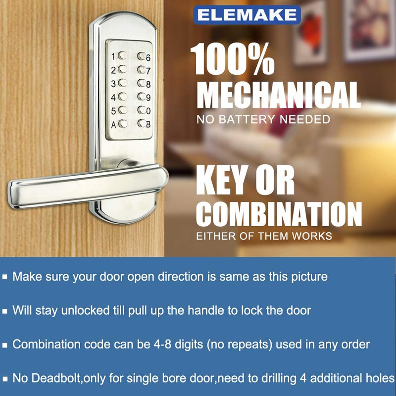 Elemake Left Handed Keyless Door Lock, Mechanical Keypad Door Lock