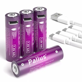 Pallus USB Rechargeable AA Lithium Batteries - 4 Pack Rechargeable Double A Batteries, 1.5H Fast Charging, 1.5v Constant Output,1600 Cycles Lifespan Lithium AA Batteries