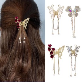 FFWTPY Pack of 4 Elegant Butterfly Hair Clips Small Hair Clip for Women Flowers Hair Accessories Fringe Beads Rhinestone Hair Accessories for Everyday and Festivals