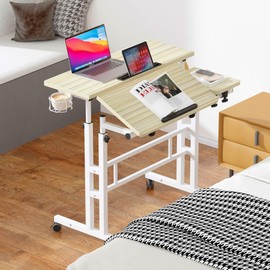 SogesPower 2 Platforms Mobile Laptop Desk Adjustable Side Table Computer Stand for Bed Sofa,Mobile Standing Desk with Cup Holder and Hooks, Maple