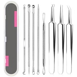 KKYOYRE Square Bottle Remover, Acne Remover, Tweezers, Set of 8, Storage Case, Dedicated Pore Care Kit, Precision, Antibacterial Stainless Steel, Acne Needles, Blackhead Removal, Portable, Convenient to Carry, Strawberry Nose, Blackheads, Pore Care