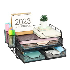 ECOLOVI Computer Monitor Stand with 2 Pen Holders and Drawers, Desk Drawer Organizer Tray for Workspace Office Supplies, Desk Organizers and Accessories, Black