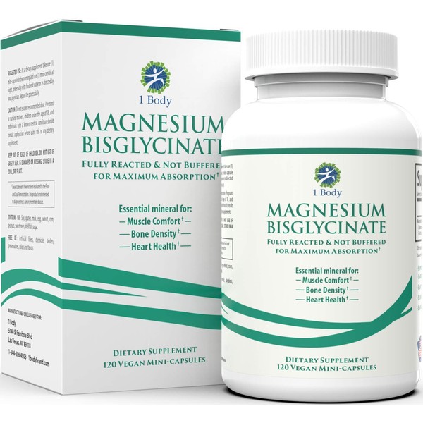 Magnesium Bisglycinate Chelate - Reduce Muscle Cramps and Improve Sleep - Maximum Absorption with no Laxative Effects - 100% Chelated - 44 mg of Pure Magnesium Bisglycinate Per Capsule