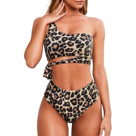 MOOSLOVER Women One Shoulder High Waisted Bikini Tie High Cut Two Piece Swimsuits(M,Leopard)