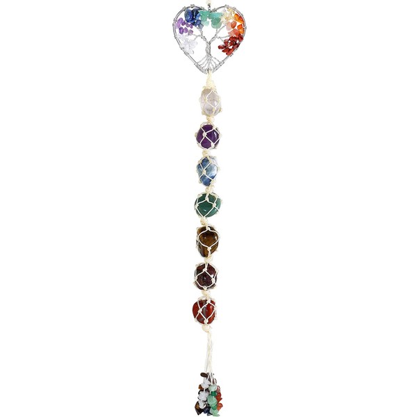 7 Chakra Wall Ornament, Healing Crystals Ornament, Silver Heart-Shaped Tree of Life Chakra Crystals Healing Stones Hanging Ornament, Chakra Stones Decor for Home, Car and Party (Silver Heart-Shaped)