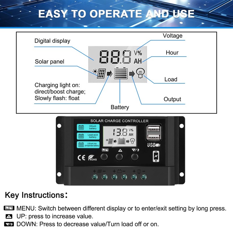 2 Packs 30A Solar Battery Charge Controller 12V 24V PWM