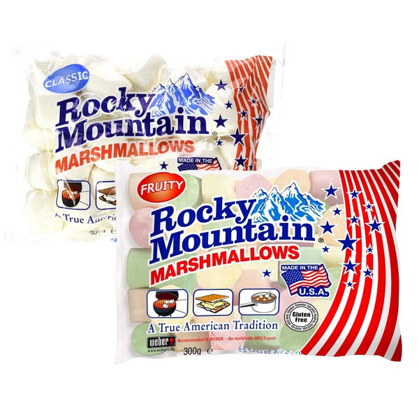 Rocky Mountain Marshmallows Tasting Set Fruity & Classic, bonbons américains traditionnels colorés à rôtir sur un feu de camp, à griller ou à cuire, saveur fruitée, (2x300g)