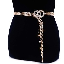 YooAi Crystal Waist Belt for Women Rhinestone Chain Belt O-Ring Waistband Belt for Dress Gold 135cm