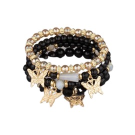 Yecomsy 4Pcs/Set Bohemian Butterfly Bracelets Crystal Beaded Butterfly Stretch Bracelets Boho Summer Colorful Stackable Bracelet for Women -Black