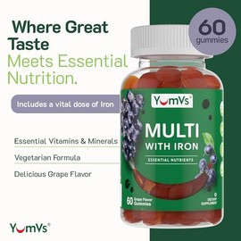 YUM-V'S Iron Gummies - Multivitamin Iron Supplement with Vitamin C, A, B & Zinc, Supports Blood Oxygen, Vegan Supplements for Women, Men & Kids for Gr