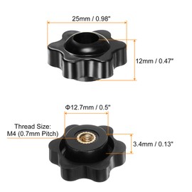 sourcing map 6pcs Star Knobs M4 Female Thread 25mm 6-Point Plastic Head Brass Insert Through Hole Screw-in Threaded Hand Knob Clamping Handle, Black