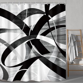 LGhtyro Black Grey Abstract Shower Curtain Bathroom Set 71Wx78H Inches Long Line Modern Graffiti Minimalist Simple Geometric Striped Bath Accessories Women Girly Art Home Decor Fabric 12 Pack Hooks