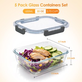 KEKEGO 5Pack 22oz Glass Storage Containers with Lids, Glass Meal Prep Containers Set, Airtight Snap Lids, BPA Free, Microwave Oven Freezer Dishwasher Safe, Grey