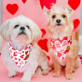 CROWNED BEAUTY Valentines Day Dog Bandanas Reversible Small 2 Pack, Red Heart Set, Buffalo Plaid Adjustable Triangle Scarves for Dogs Girl Boy Pets DB14-S