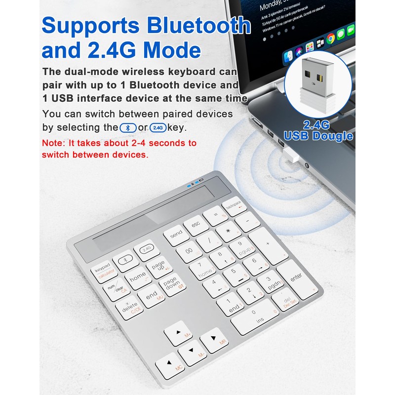 Pubiohs 34-Key Wireless Numeric Keypad with Calculator - Bluetooth and