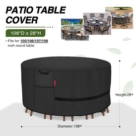 Porch Shield Round Patio Furniture Cover - Waterproof 600D Heavy Duty Outdoor Table and Chairs Cover 108 inch, Black