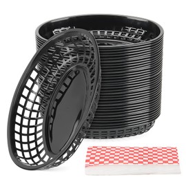MANCHAP 50 Pack 8.8 x 5.5 Inch Plastic Fast Food Serving Baskets, Black with 100 Checkered Deli Liners, Oval Food Baskets for Deli, Hot Dogs, Burgers