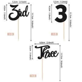 24 piezas de tres decoraciones para magdalenas con purpurina para 3er cumpleaños, número 3, decoraciones para cupcakes para baby shower, niños, tercer cumpleaños, aniversario, fiesta, decoración de pasteles, suministros de color negro