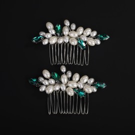 BERYUAN Peacock Green Rhinestone Pearls Wedding Hair Comb Pearls Bridal Wedding Headpiece Dainty Pearls Hair Comb Pearls Hair Side Comb Crystal Wedding Comb for Women Girls(2pcs) (peacock green)