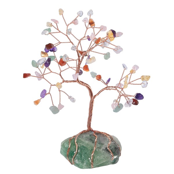 mookaitedecor Natural Mix Crystal Stones Decor Tree with Raw Fluorite Stone Base, Healing Feng Shui Money Tree Lucky Tree of Life Ornament for Home Office Height 6-7 Inches