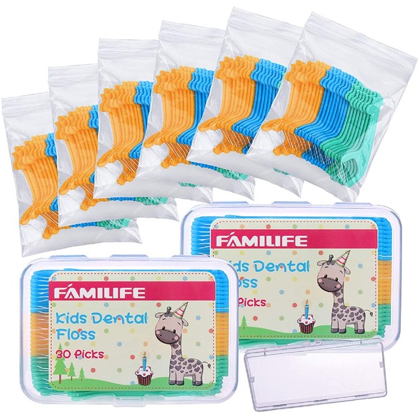 FAMILIFE Kid's Dental Floss Picks Fluoride Free, Unflavored Fun Flossing Children with Portable Travel Cases Refills Pack, 204 Picks