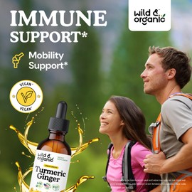 Wild & Organic Turmeric and Ginger Supplement Drops - Joint & Immune Support - Liquid Turmeric with Ginger and Black Pepper Extract - Curcumin Supplement - Vegan, Sugar & Alcohol-Free Tincture - 2 oz