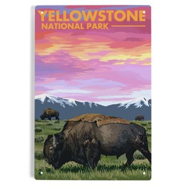 Lantern Press 6x9 Inch Metal Sign, Yellowstone National Park, Bison and Sunset