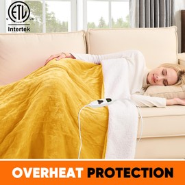 greenoak Heated Blanket Electric Throw 50"X60", Heating Blankets with 10 Heat Levels 8 Hours Auto-Off Overheat Protection, Soft Flannel Sherpa Fluffy House Warming GIF, ETL Certified Ginger Yellow