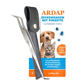 ARDAP Tick Pliers and Tick Hook - 2in1 Stainless Steel Tick Tweezers in Leather Case - Easy & Effective Tick Removal - Premium Tick Removal Tool for Dogs, Cats & Humans