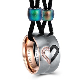 AnaZoz Jewellery, Pair of Stainless Steel Necklace with Ring Pendant, Puzzle Heart Engraved with "I Love You", 5A Cubic Zirconia, Width 6 mm, Rose Gold, Black for Him and Her – Rolo Chain, Rope Chain., Stainless Steel, Black Rope