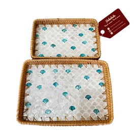 Boholodo Rattan Tray with Mother of Pearl – Handmade Decorative Rectangle, Natural Wicker, Woven Basket Tray, Vanity, Bathroom, Toilet Tank or Tabletop Display (Combo FIn)