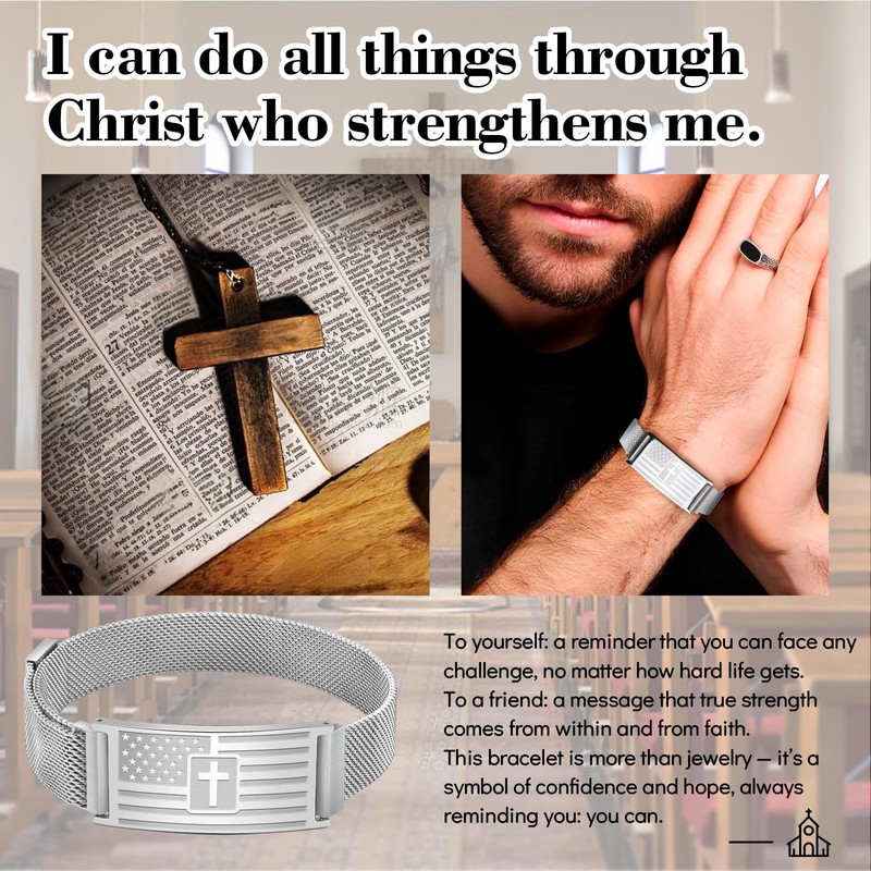 Alissl American Flag Cross Bracelets for Men, Engraved Religious Bible
