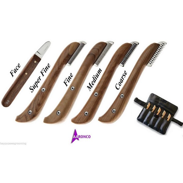 Aaronco Genuine Pro Stripping Knives Right Hand 5 Pc Knife SET W/case DOG Grooming Carding