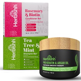 Herbishh Tea Tree & Rosemary Repair Set – Shampoo & Conditioner Bars + Argan Hair Mask 150ml – Clarifying & Strengthening Hair Care Routine for Oily, Thinning, or Frizzy Hair – Vegan, Sulfate-Free