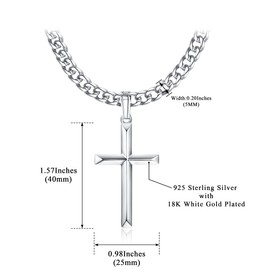 KRFY 925 Sterling Silver Cross Pendant with Stainless Steel Diamond-Cut Curb Cuban Link Chain Miami Necklace 18K White Gold Plated Highly Polished Beveled Edge Cross Pendant Necklace Men Women 46-76CM