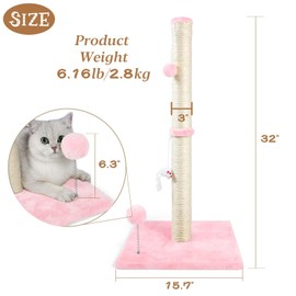 ANWA 32" Tall Cat Scratching Posts for Indoor Cats, 3-in-1 Cat Scratching Post with Plush Toys, Premium Sisal Post for Cats at All Ages with Reinforced Stable Base, Pink