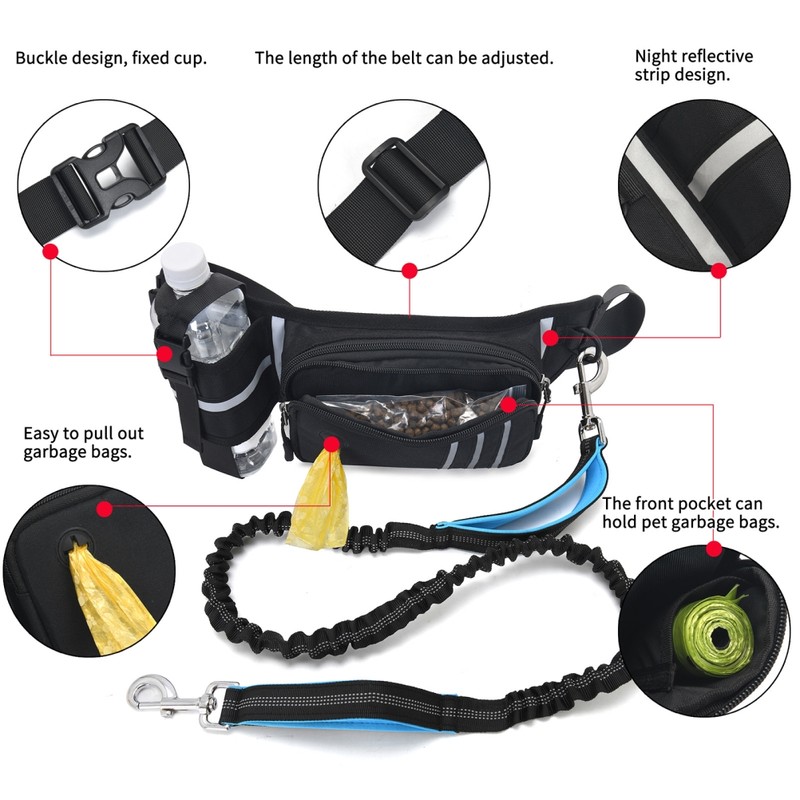 Dog Hands Free Leash with Zipper Pouch Water Bottle Holder