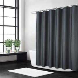 Flax Linen Like 240 GSM Heavy Stable Shower Curtain for Bathroom with Hooks, Hotel Luxury Fabric, Washable, Dark Grey, 120 x 200 cm
