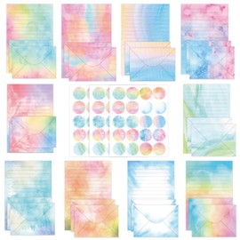160 Pieces Watercolor Stationary Paper Set - 50 Lined Stationery Writing Papers 50 Matching Envelopes 60 Round Sticker Seals, 10 Cute Unique Design (Watercolor, 5.5 x 8.25 Inch)