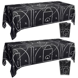 Basketball Tablecloth, 4 Pcs Black Tactical Instruction Printed Basketball Party Table Covers for Sports Party Supplies, 51 x 86 inches
