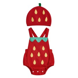MAHUAOYIXI Newborn Baby Girls Boys Outfits Fruit Strawberry Avocado Romper Sleeveless Bodysuits with Hat Infant Baby Clothes 2 Piece Toddler Baby Clothing Sets (Red, 9-12 Months)