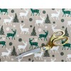 Christmas Fabric Green & Cream Reindeer Design - Beige Background