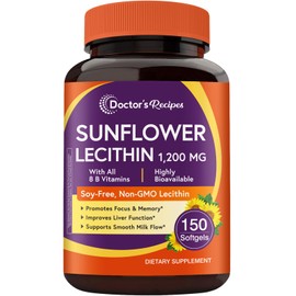 Doctor's Recipes Sunflower Lecithin 1200 mg, for Men & Women, Non-GMO, All 8 B Vitamins with Folate, Methyl B12, B6, Biotin & Inositol, Nerve, Cellular Energy Support, 150 Softgels